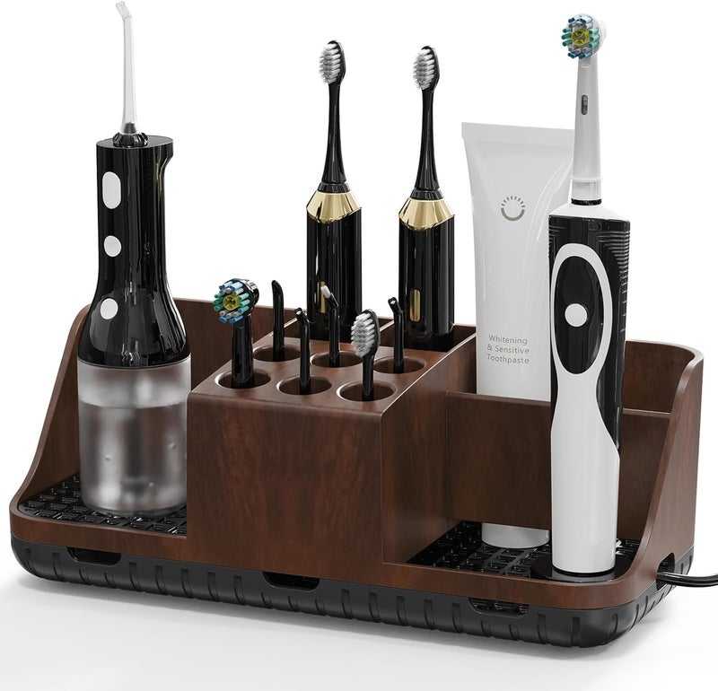 Boperzi Bathroom Counter Organizer for Vanity & Sink Storage: Detachable Electric Toothbrush and Toothpaste Holder, Water Flosser Holder, Bathroom Decor and Accessories Organization Set(Walnut Black) - Image 1